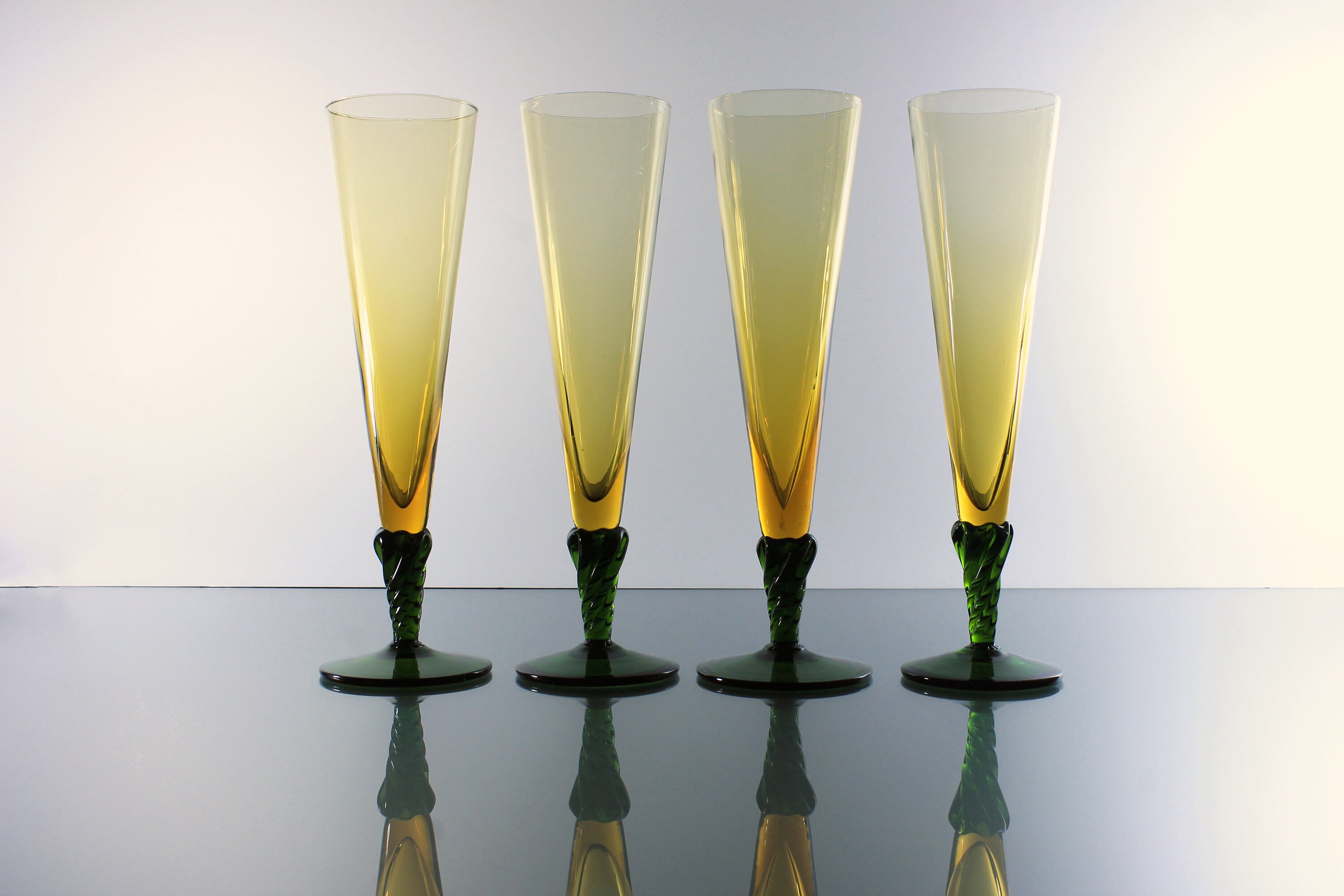 Pilsner Glasses, Hand Blown, Amber and Green, Twisted Stem, Set of 4