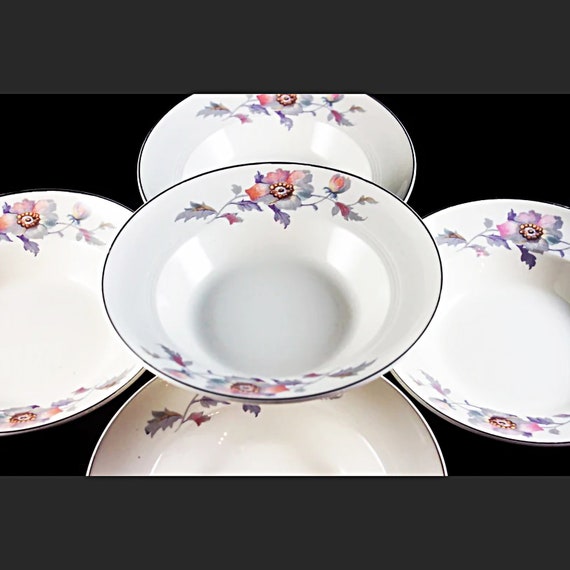 Cereal Bowls, Symphony by Salem, Platinum Gold, Floral Pattern, Set of 5, Serving Bowls, Porcelain