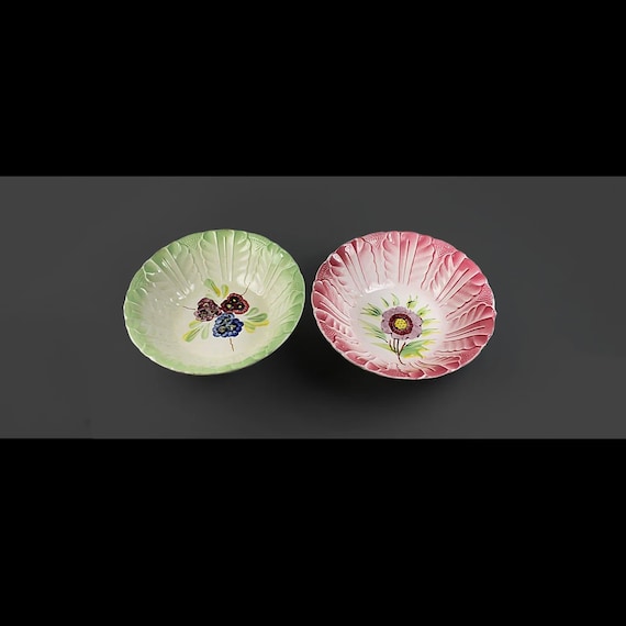 Ironstone Serving Bowls, Yamasho, Japan, Pink and Green, Set of 2, Decorative Bowls, 7 Inch, Hand Painted, Embossed