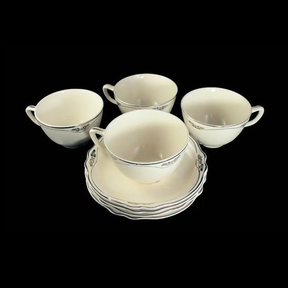 Cups and Saucers, Homer Laughlin, Silver Rose-Patrician, Platinum Florals and Trim, Virginia Rose Shape, Set of 4, Fine China