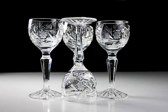 Cut Crystal Cordial Glasses, American Cut, Juliette, Hobstar, Cut Bowl and Foot, Set of 4, Stemware, Barware