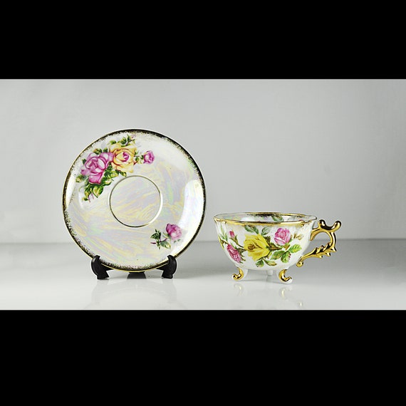 Footed Teacup and Saucer Set - Fan Crest Japan, Lusterware, Roses, Gold Gilt, Opalescent Iridescent Collectible