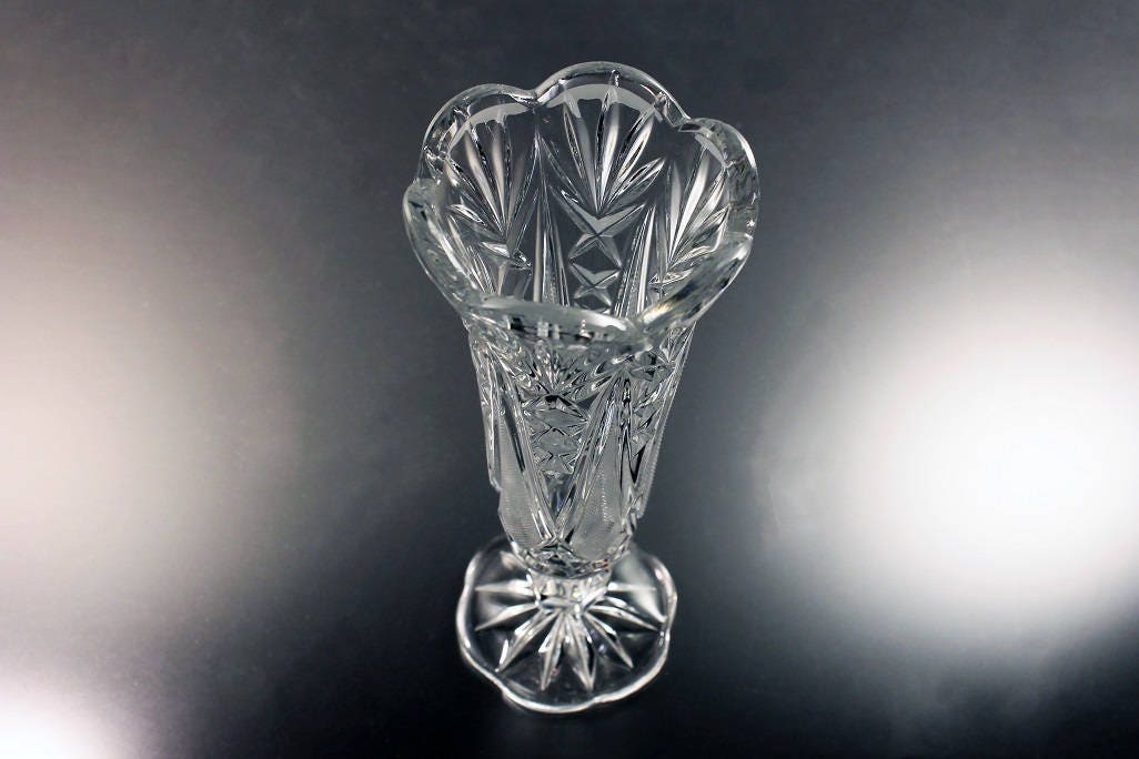 EAPG Crystal Vase, Antique Vase, Diamond and Fan, Clear Glass