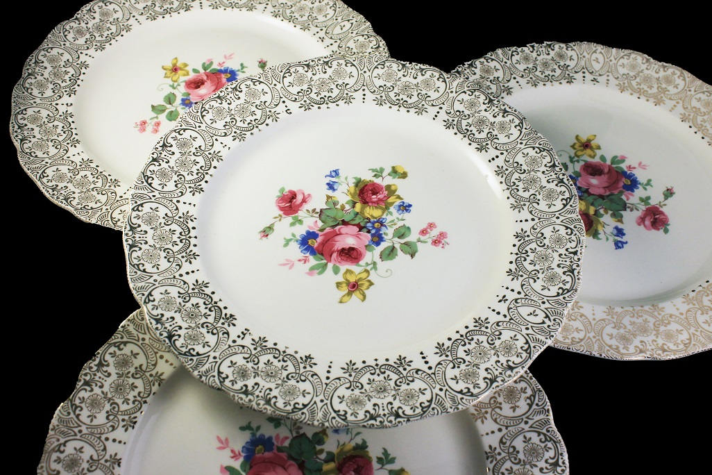 Dinner Plates, Canonsburg Pottery Company, Set of 4, Warranted 22 Karat