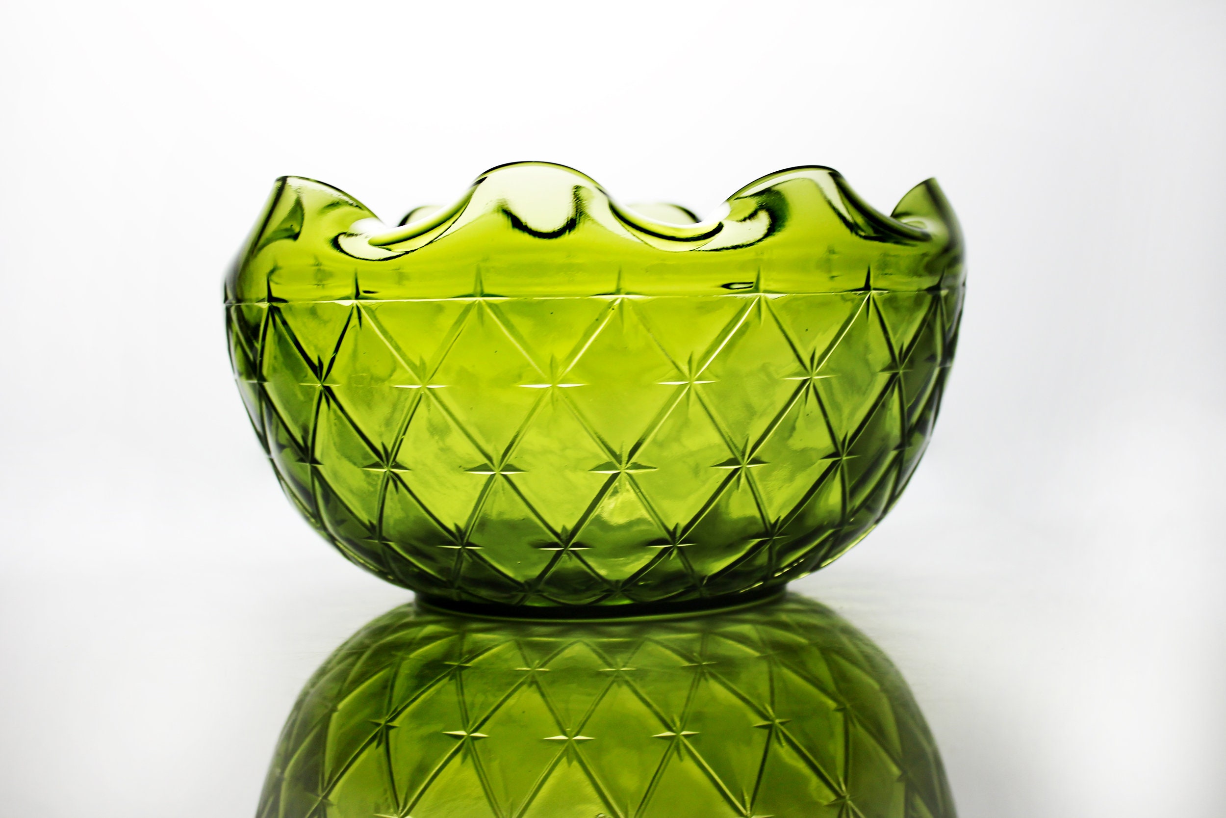 Indiana Glass Rose Bowl, Duette Olive, Quilted, Green Glass, Crimped