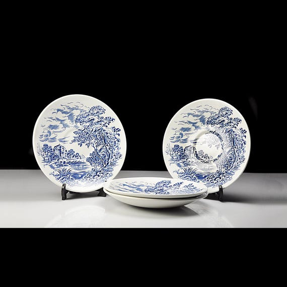 Enoch Wedgwood Countryside Blue and White Saucers – English Transferware, Set of 4, Made in England