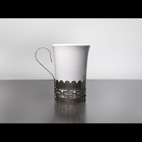 White Porcelain Mug with Metal Holder by Mannie Liberman Crockery Corp - Mid Century Design, 6 Ounce