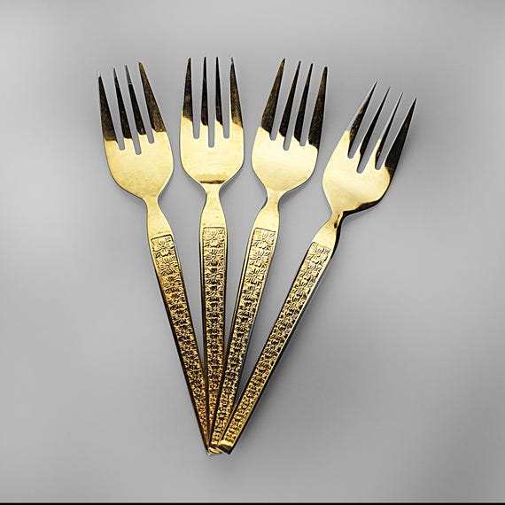 Gold Stainless Salad Forks Set of 4 – Trocadero by HF Korea – Floral Handle – Boxed Mid-Century Flatware Gift