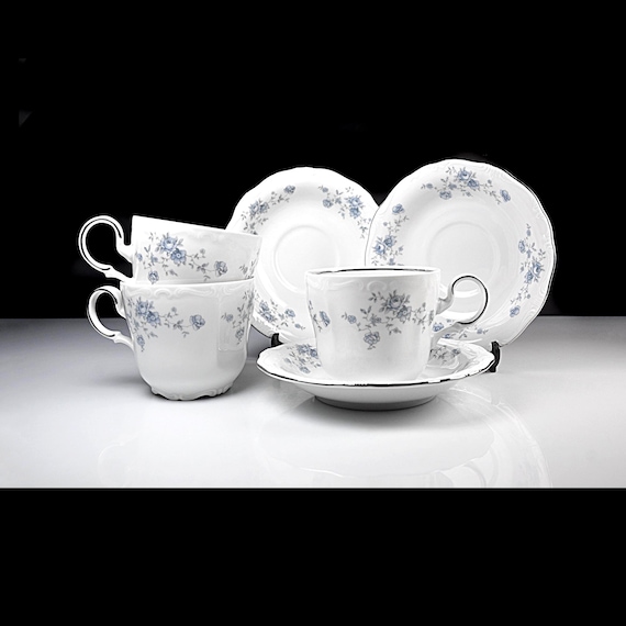 Johann Haviland Blue Garland Cups & Saucers Set of 3 – Bavaria Germany – Platinum Trim