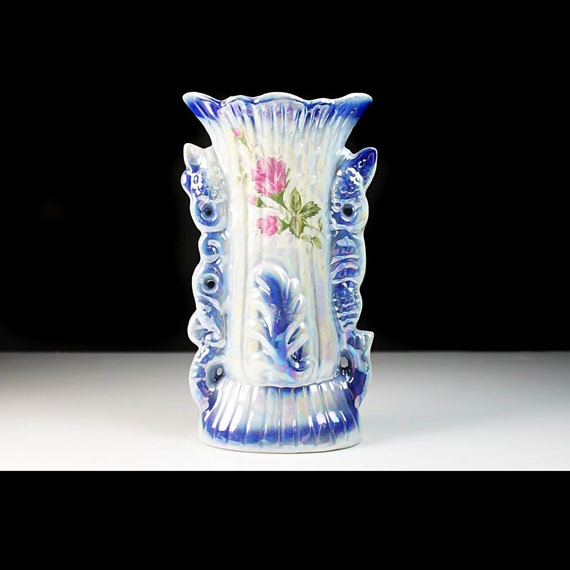 Blue Lusterware Table Vase, Zhongguo Zhi Zao, Made in China,  Centerpiece, Flower Vase, Blue Floral, Porcelain