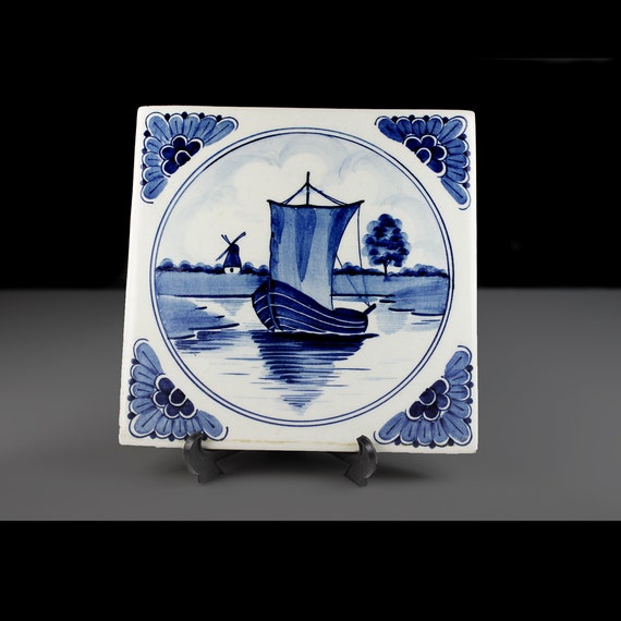 Blue Delft Tile, Square, Sailboat, 6 Inch, Hand Painted, Decorative Tile