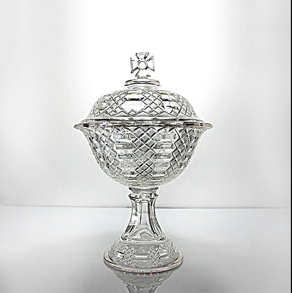 EAPG Covered Compote Bowl, Bryce Walker and Co., Imperial, Maltese Cross, Pressed Glass, Ladder and Diamond, 1870s, Centerpiece, Antique