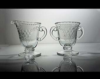Antique Sugar Bowl and Creamer, Cut Floral Crystal, Clear Glass, Footed