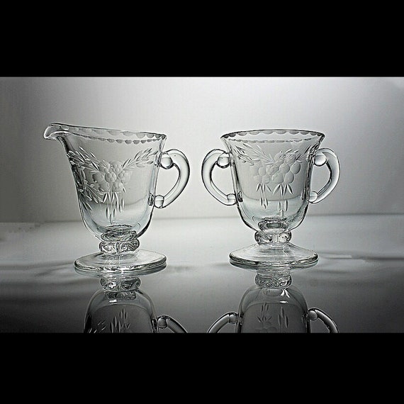 Antique Sugar Bowl and Creamer, Cut Floral Crystal, Clear Glass, Footed