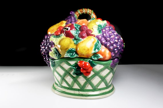 Large Cookie Jar, Certified International Corporation, Raymond Waites, Cornucopia, Fruit Lattice, 11 Inch, Sculpted Cookie Jar & Lid