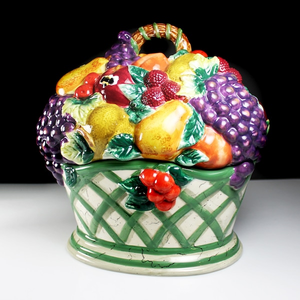 Large Cookie Jar, Certified International Corporation, Raymond Waites, Cornucopia, Fruit Lattice, 11 Inch, Sculpted Cookie Jar & Lid