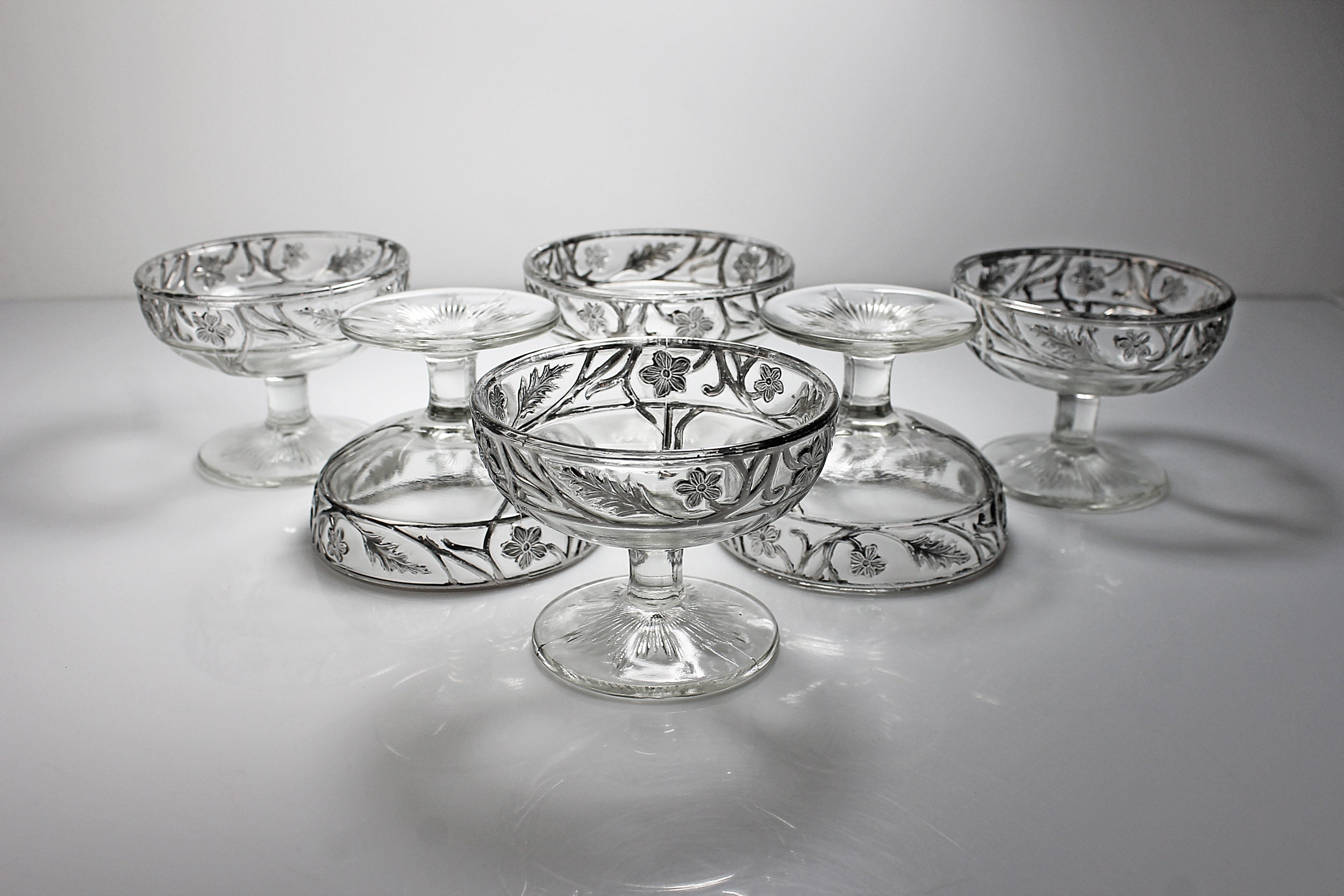 Antique Dessert Bowls, Sterling Silver Overlay, Silver on Glass