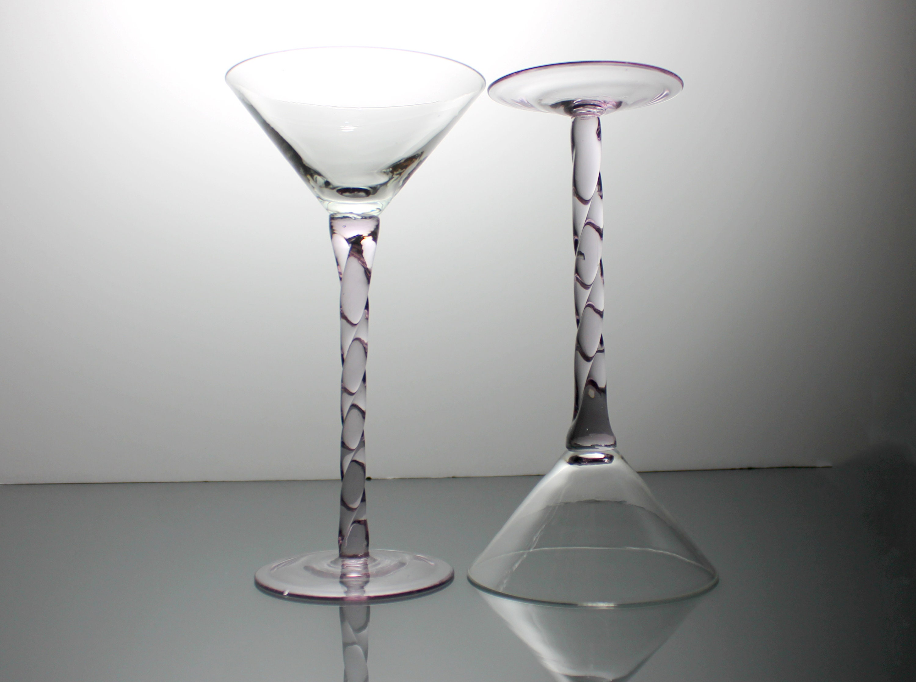 Tall Martini Glasses, Pink Twisted Stem, Set of 2, Handblown, Barware