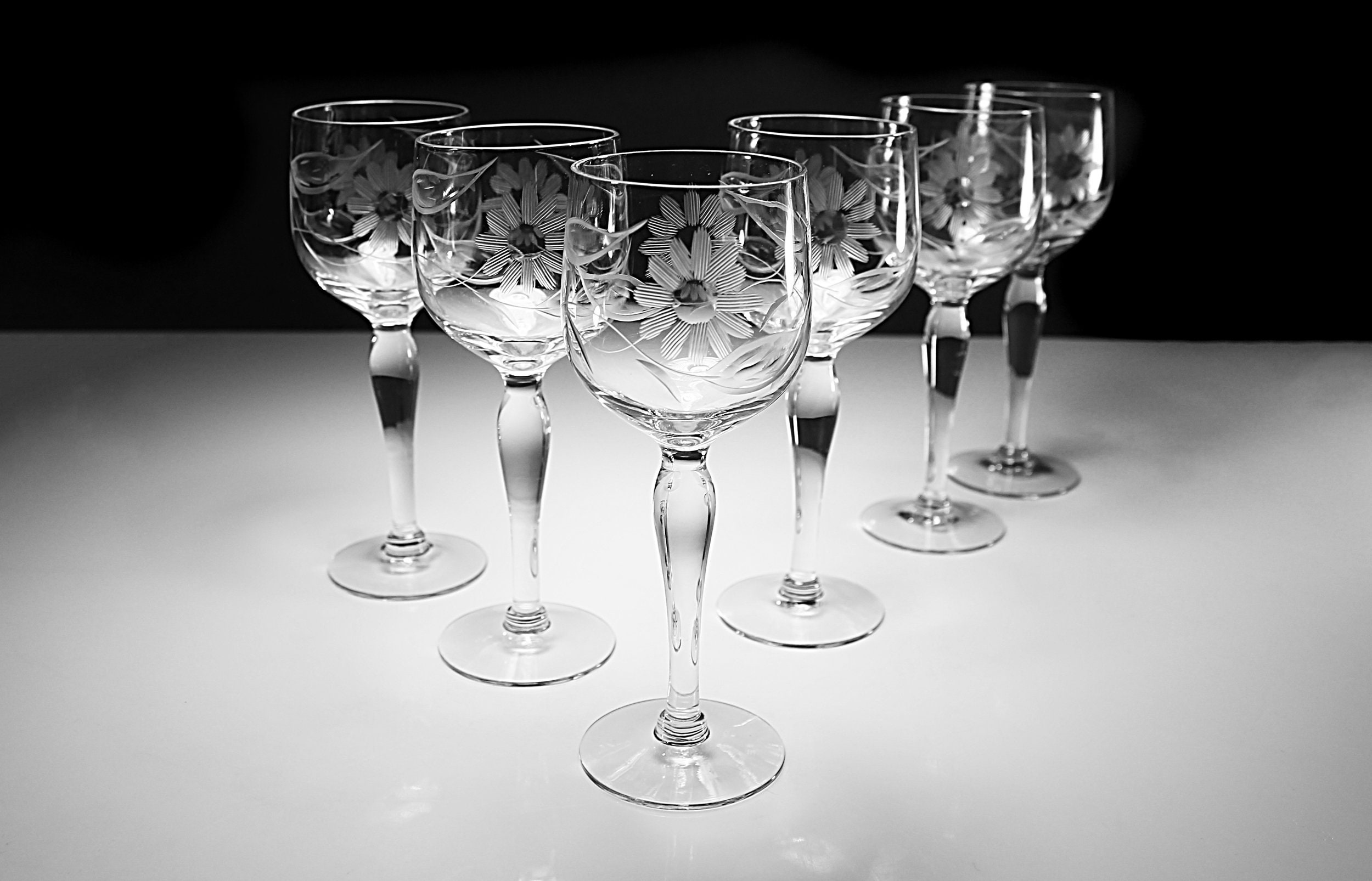 Etched Crystal Cordial Glasses, Gastonbury Lotus, Flower and Leaf