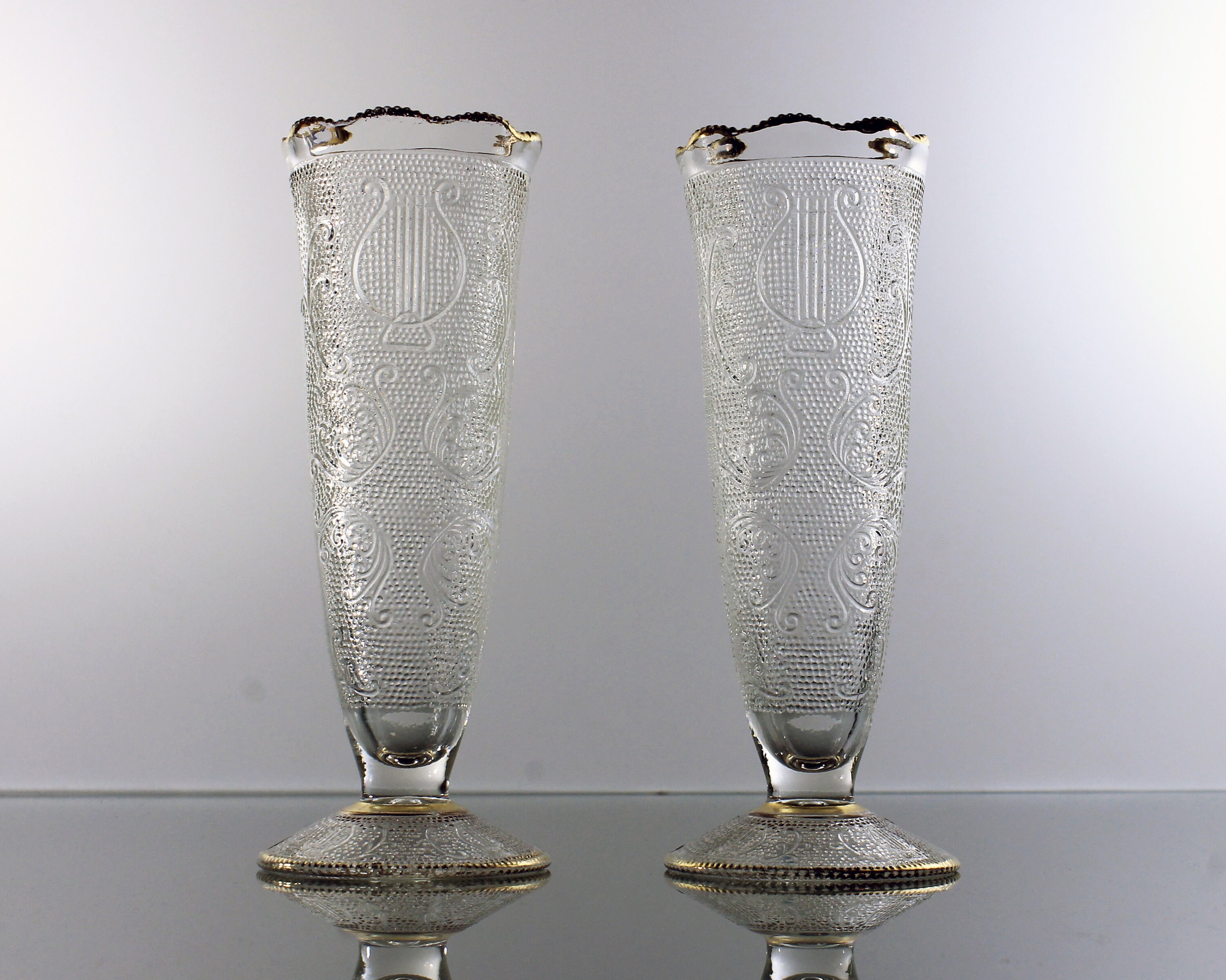 Vases, Glass, Harp Pattern, Gold Trim, Set of 2, Flower Vases