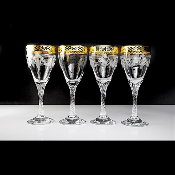 Etched Wine Glasses, Gold Stencil Band, Twisted Stem, Scroll and Swag Design, Set of 4
