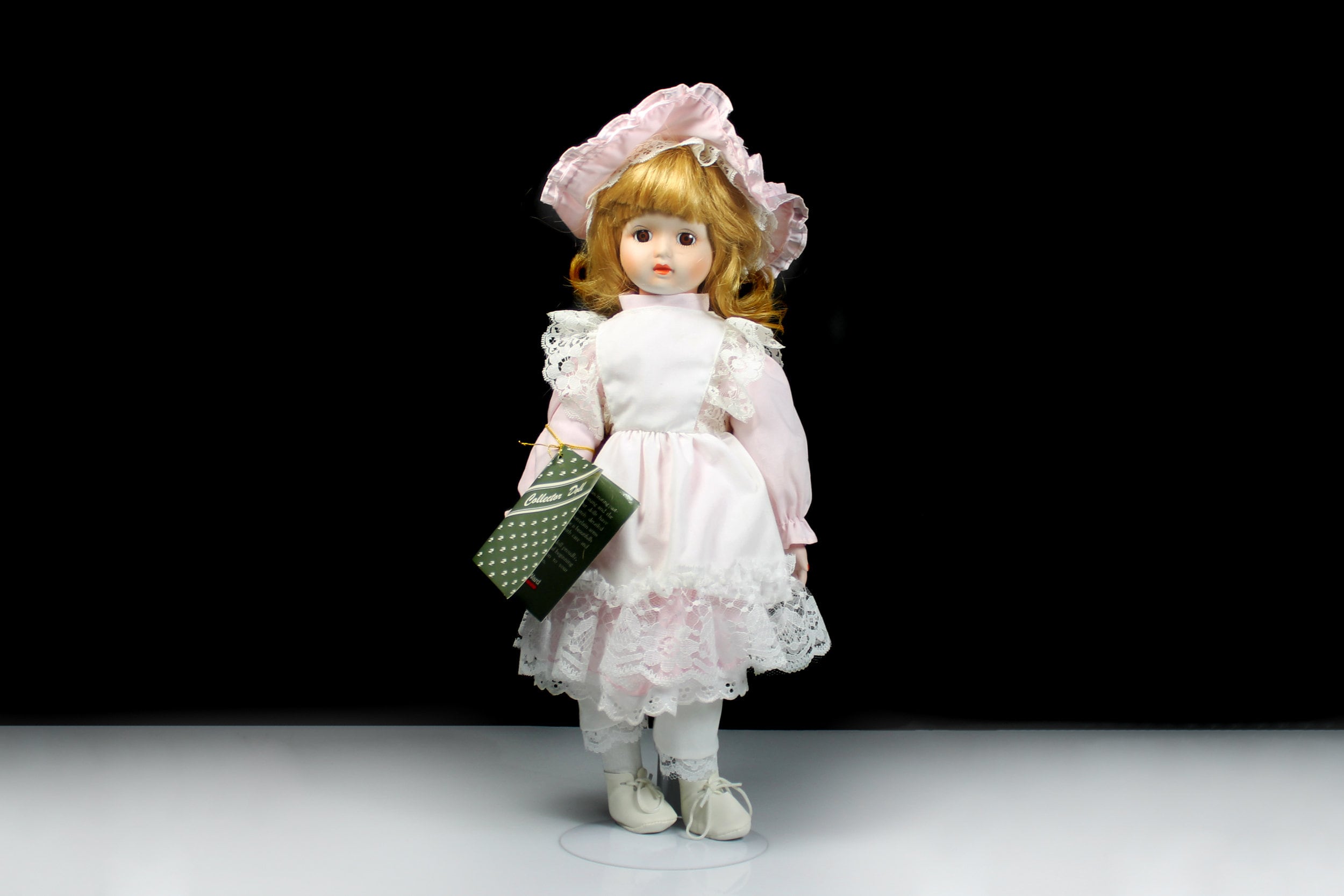 Porcelain Display Doll, Montgomery Ward, 16inch Doll, Stand Included, Original Tag