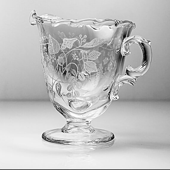 Fostoria Etched Creamer, Lacy Leaf, Clear Glass, Pedestal