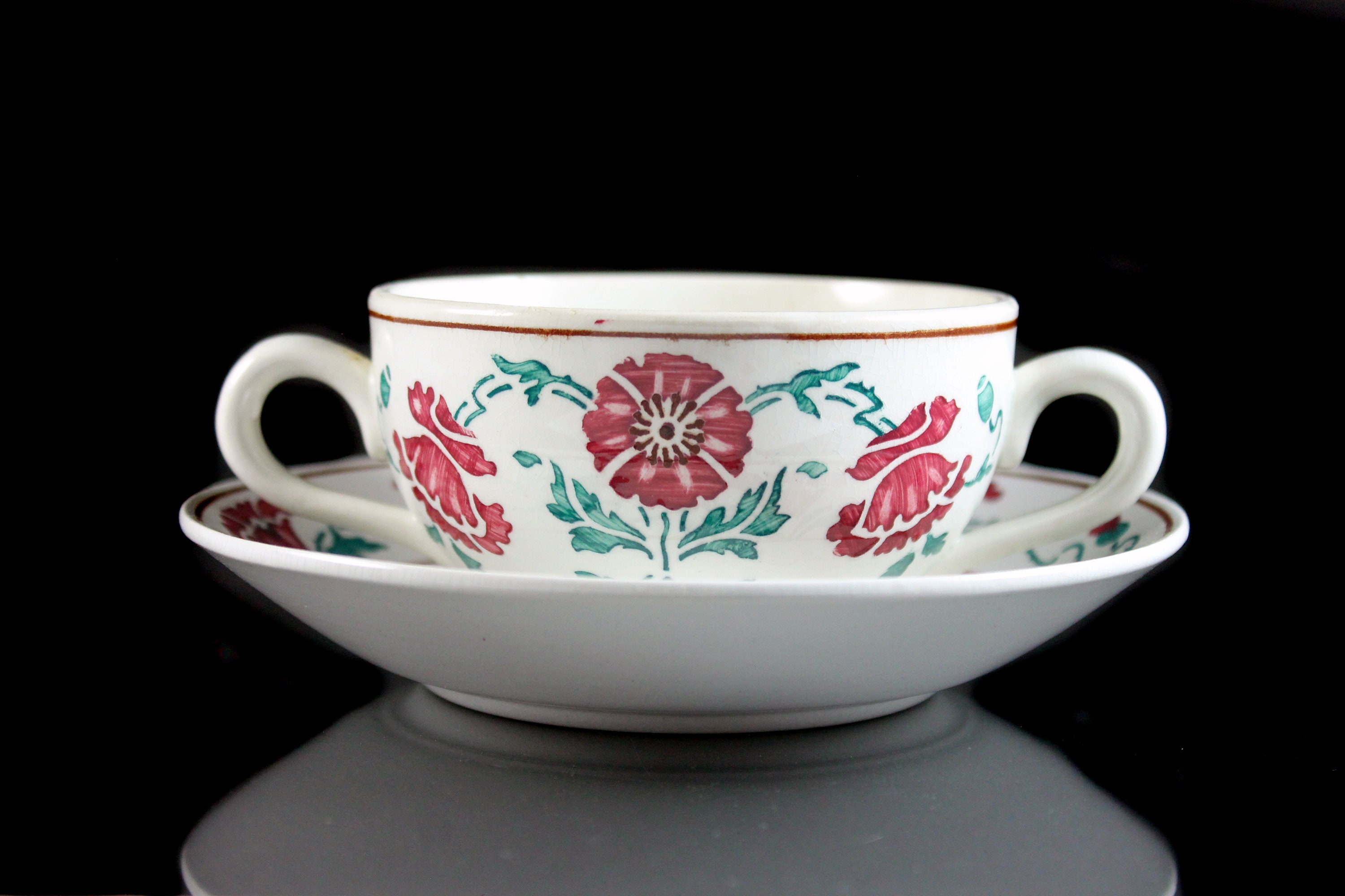 Antique Bouillon Cup and Saucer, Villeroy & Boch, Saxony, Dresden, Red