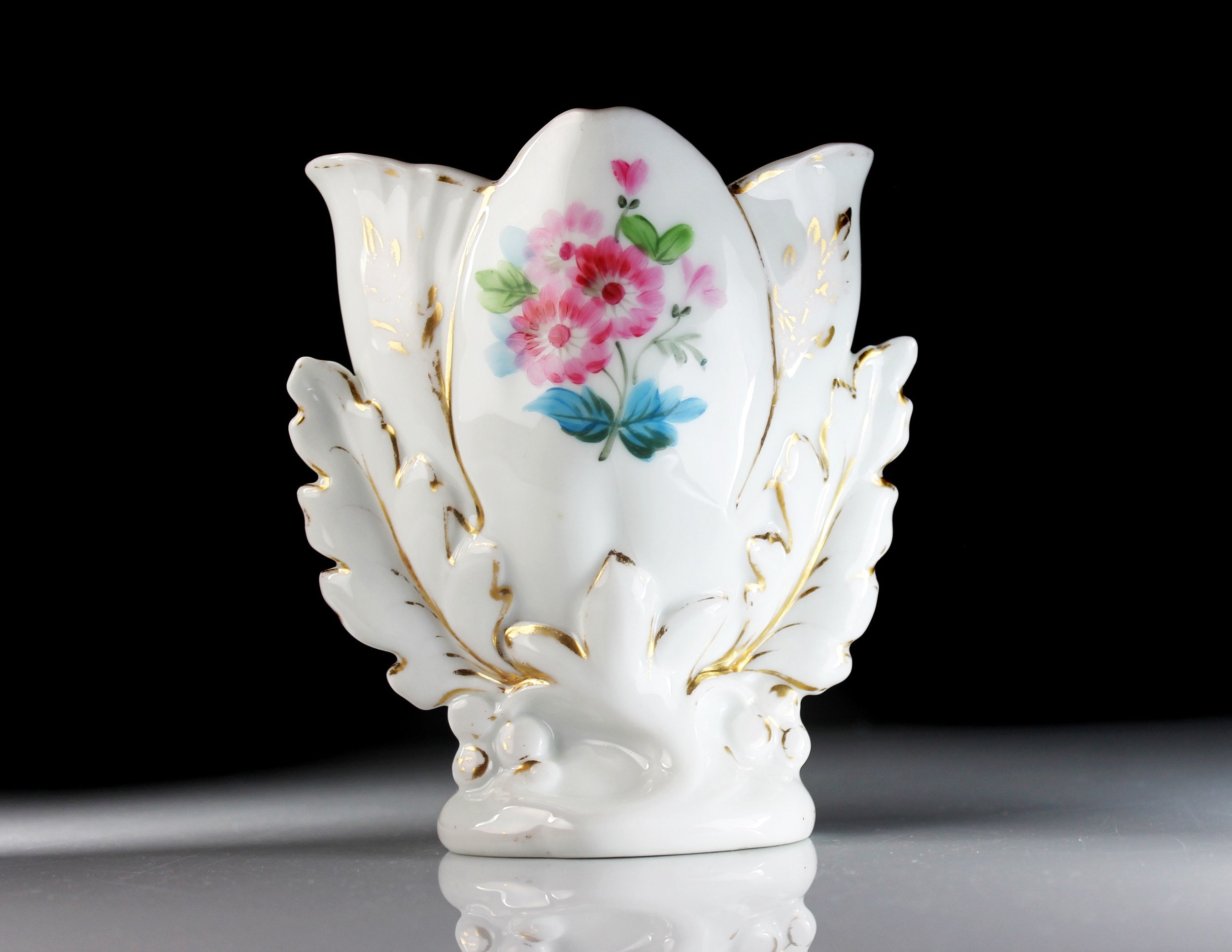 Porcelain Table Vase, Gold Trim, White, Centerpiece, Flower Vase, Pink
