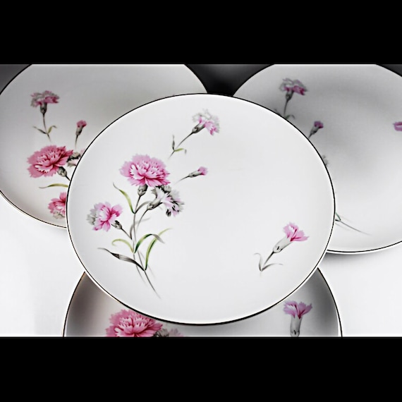 Salad Plates, Royal Court China, Carnation Pattern, Set of 4, Pink and White