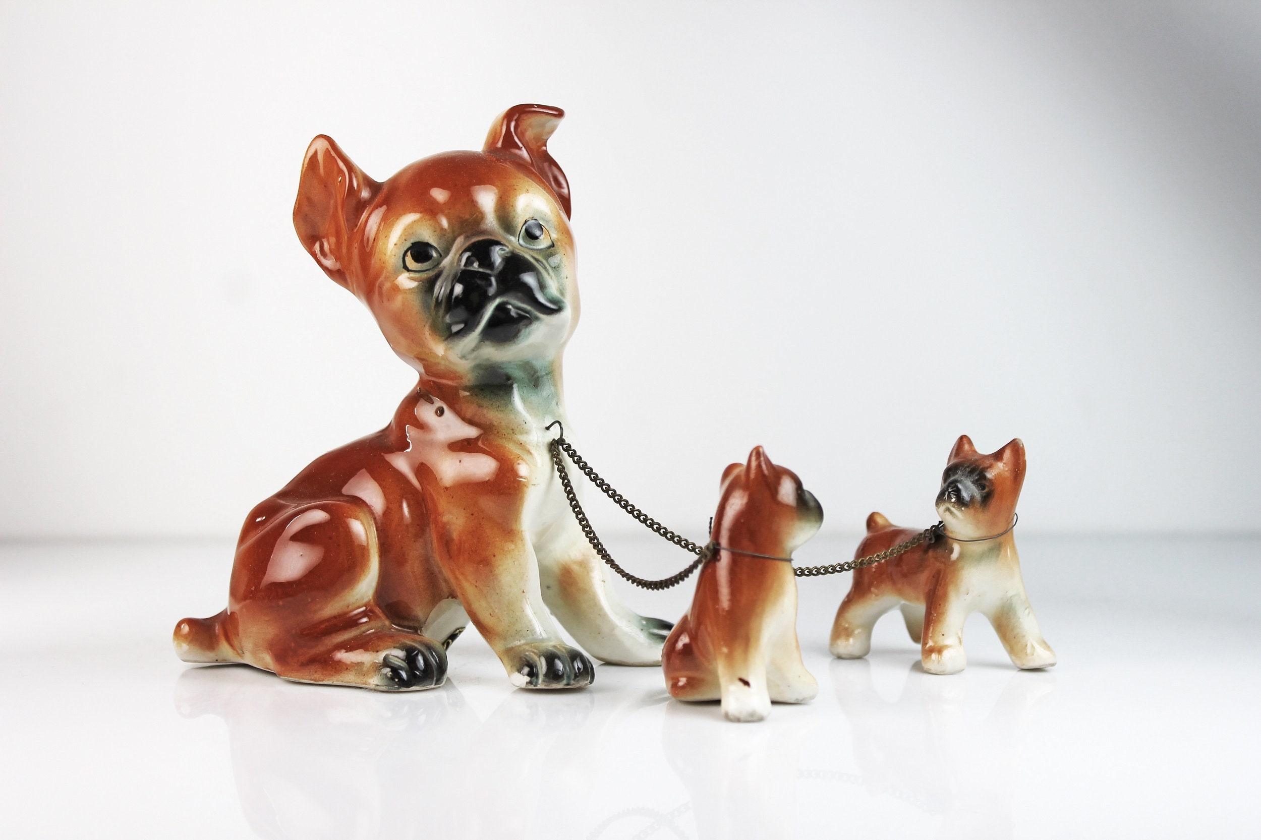 (3) Miniature Boxer Dog/Puppy Figures Bone China Porcelain White & Brown  Japan