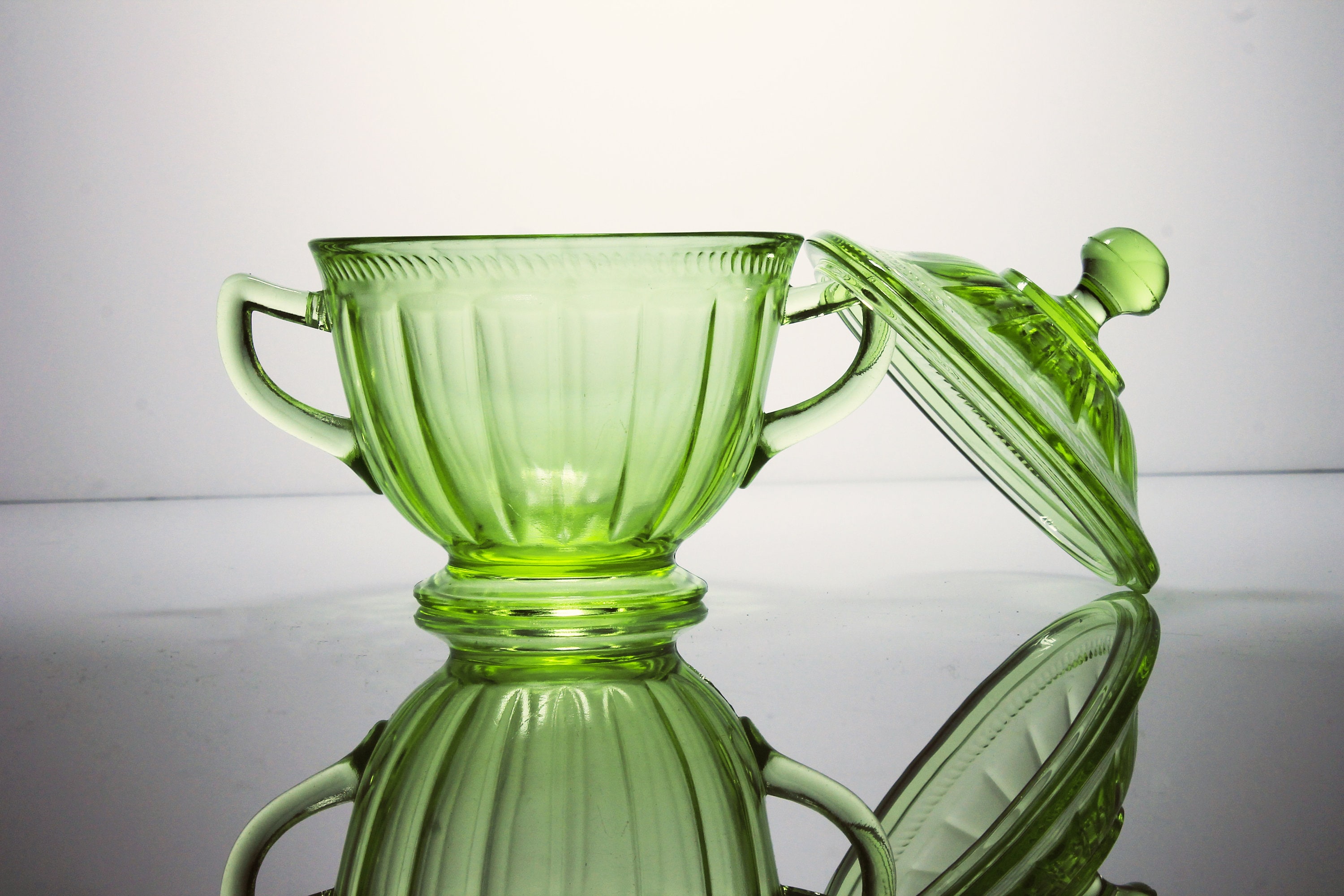 Sugar Bowl Federal Glass Colonial Fluted Green Vaseline Glass Uranium Glass Depression Glass