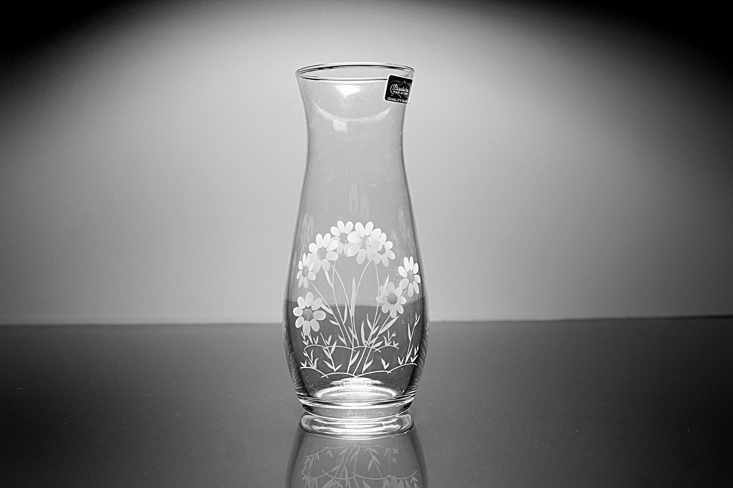 Crystal Etched Vase, Pasabache Glass, Etched Daisies, Made In Turkey