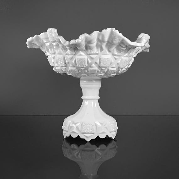 Westmoreland Old Quilt Milk Glass Footed Compote, WG Marked, 9 Inch, Vintage Ruffled Bowl