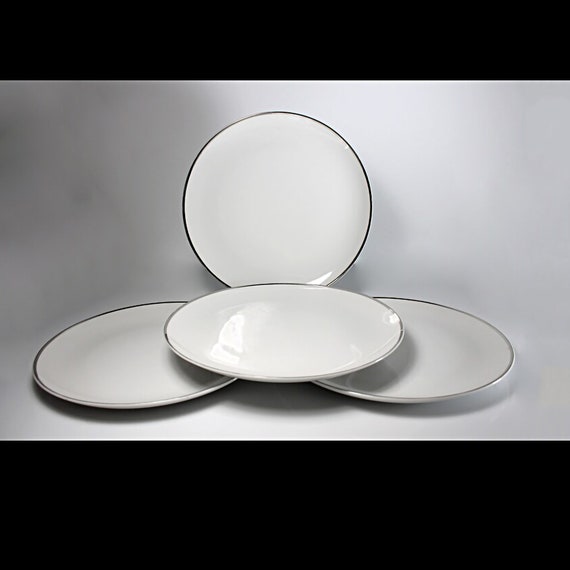 Dinner Plates, Harmony House, Moderne, Platinum Trim, Set of 4, Fine China, White