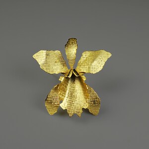 Gold-Tone Orchid Brooch - Textured Floral Pin, Mid-Century Costume Jewelry, 2 Inch Elegant Statement Piece