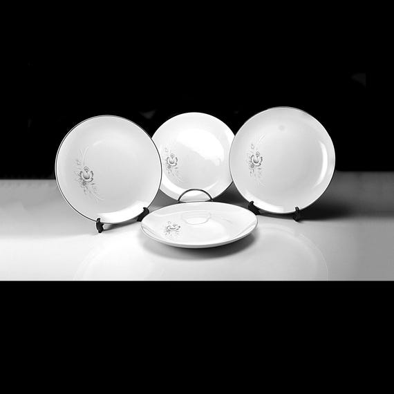 Vintage Sango Morena Bread Butter Plates, Set of 4, Japan, Gray Floral, Platinum Trim