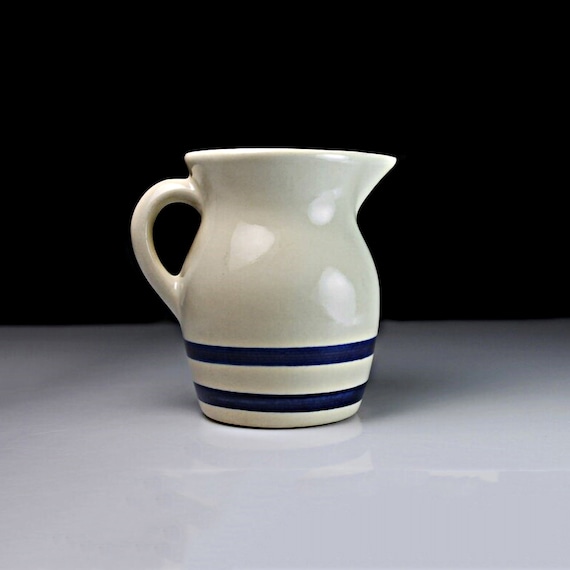 Striped Pottery Pitcher, Robinson Ransbottom, Blue Striped, One Pint, Kitchen Decor