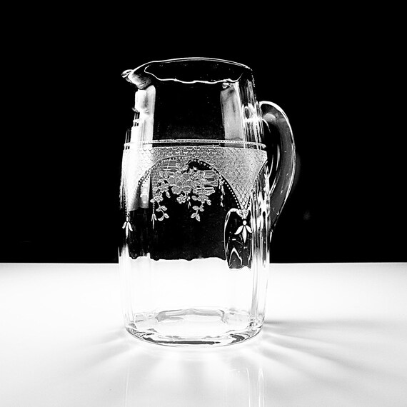 Antique Fostoria Old Virginia 52 Oz Pitcher, Lattice & Rose Etched Glass, Actual Manufacture Dates 1923-1929