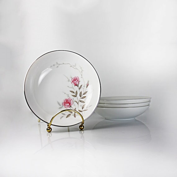 Fruit Bowls, Towne China, Roselle, Pink Roses and Gray Leaves, Set of 4, Fine China