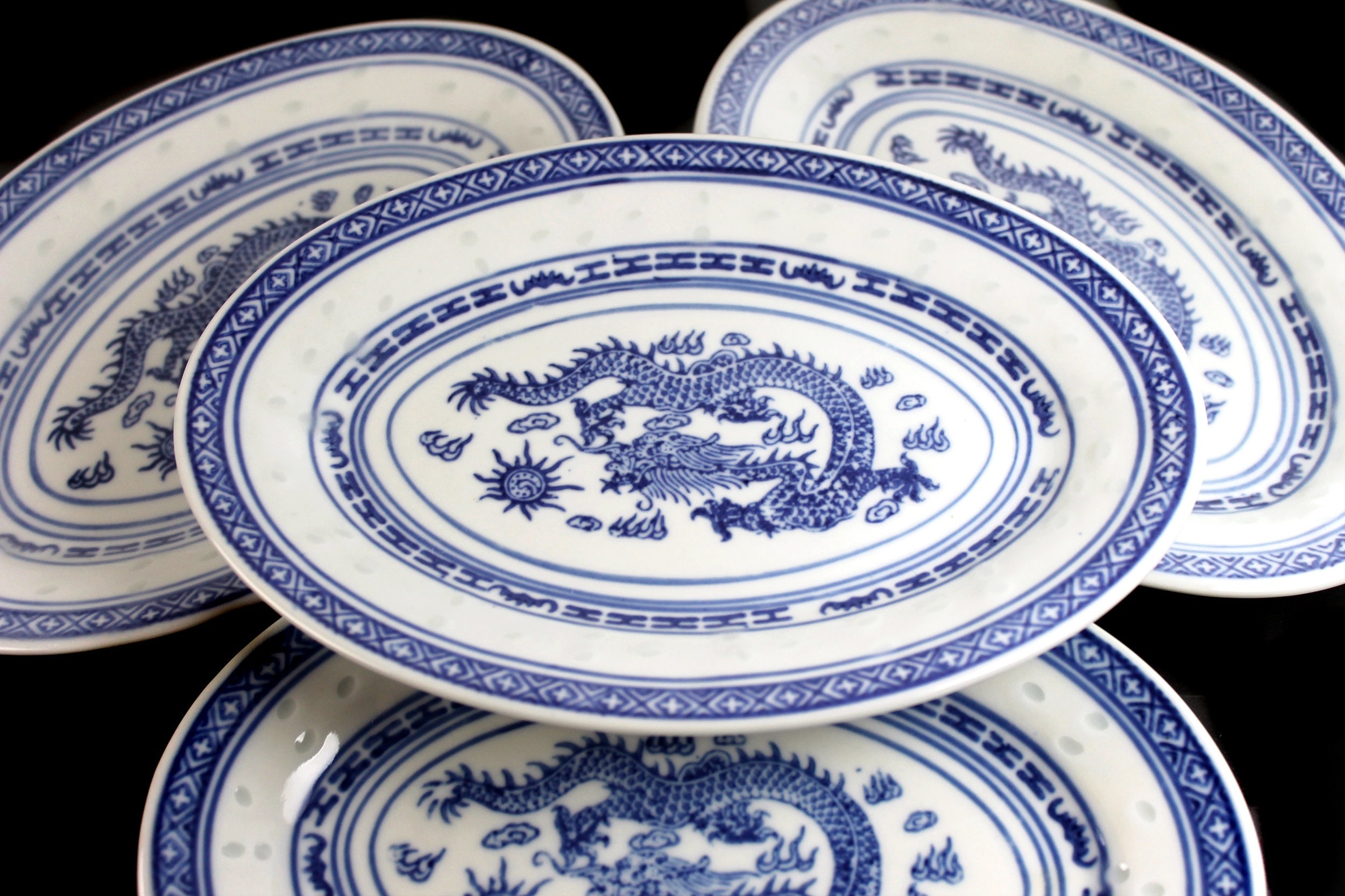 Eight Inch Oval Plates, Dragon Pattern, Zhongguo Jingdezhen, Porcelain