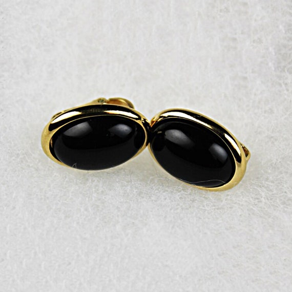 Trifari Clip-On Earrings, Oval, Black Cabochon, Signed, Gold Tone, Costume Jewelry, Collectible, Womens Gift