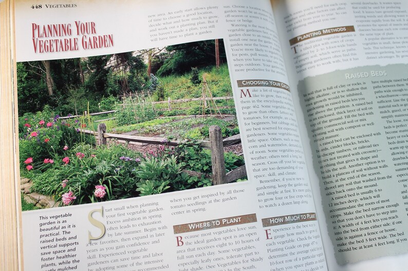 May include: A close-up of a page from a gardening book with a photo of a vegetable garden. The text on the page reads "Planning Your Vegetable Garden" and "Choosing Your Crops".
