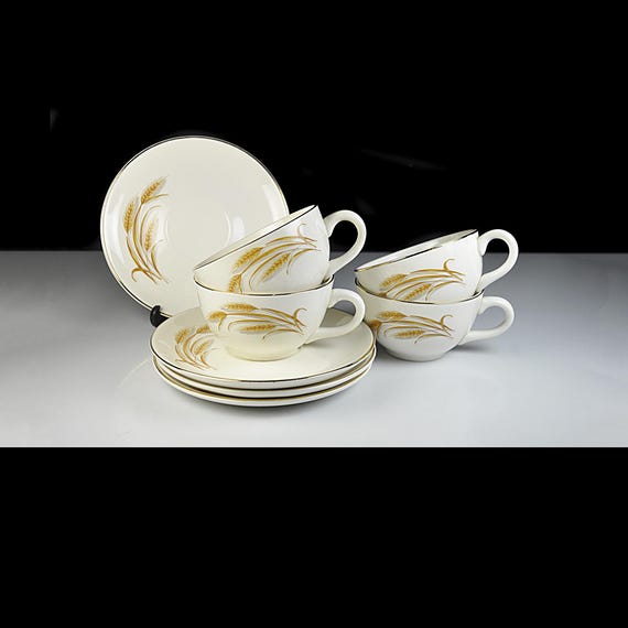 Vintage Homer Laughlin Golden Wheat Cups and Saucers, Set of 4, Wheat Pattern
