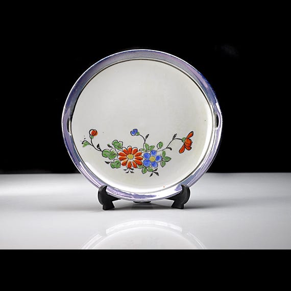 Vintage Made in Japan Lusterware Bowl. Floral Blue Rim Dish, 6 Inch