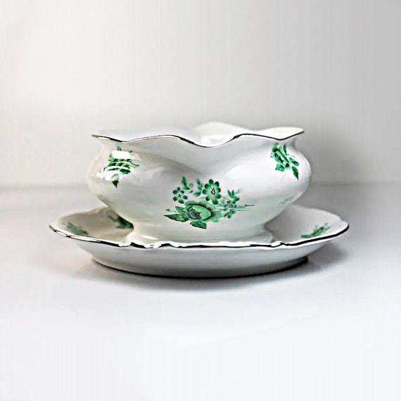 Gravy Boat, Walbrzych China, Made in Poland, Green Rose, Attached Underplate, White China, Embossed, Platinum Trim