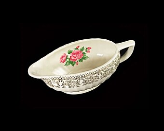 Gravy Boat, Sebring Pottery, China Bouquet, Pink Roses, 22K Gold Filigree Trim