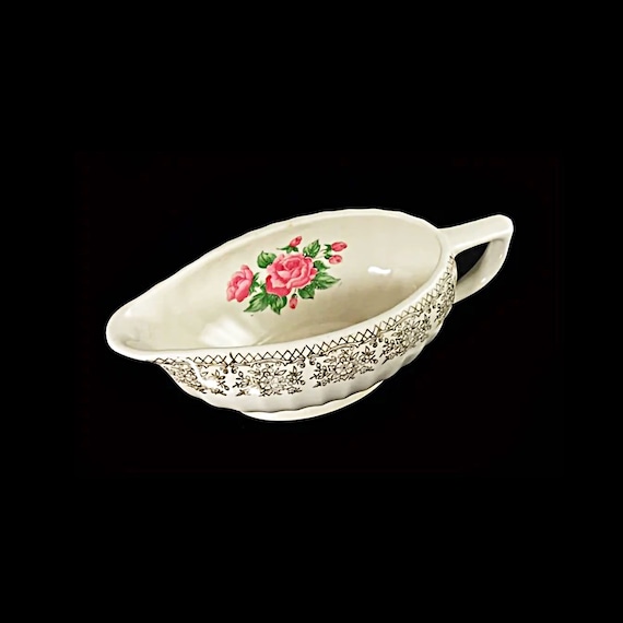 Gravy Boat, Sebring Pottery, China Bouquet, Pink Roses, 22K Gold Filigree Trim