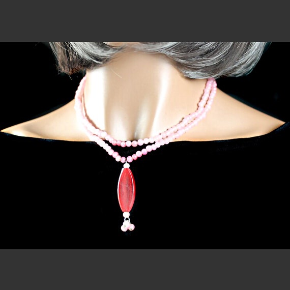 Pink Bead Necklace, Double Strand, Red Pendant, Costume Jewelry, Woman's Gift