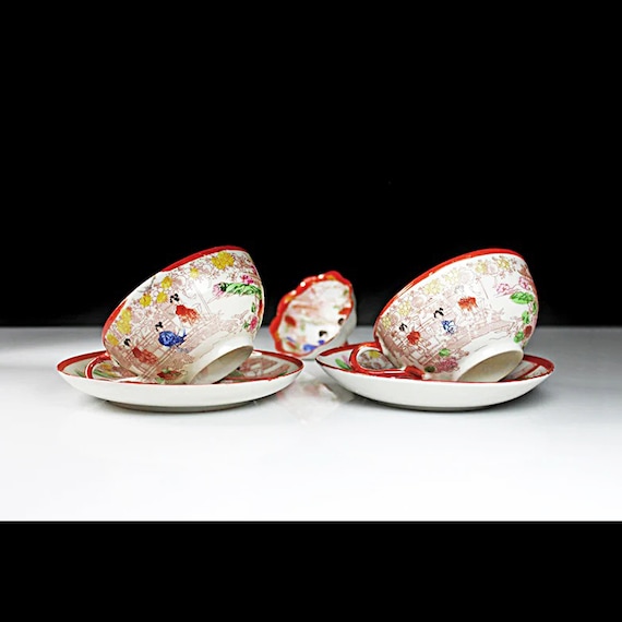 Teacups and Saucers, Eggshell Porcelain, Japan, Geisha, Red and White, Hand Painted, Set of 2, Salt Cellar